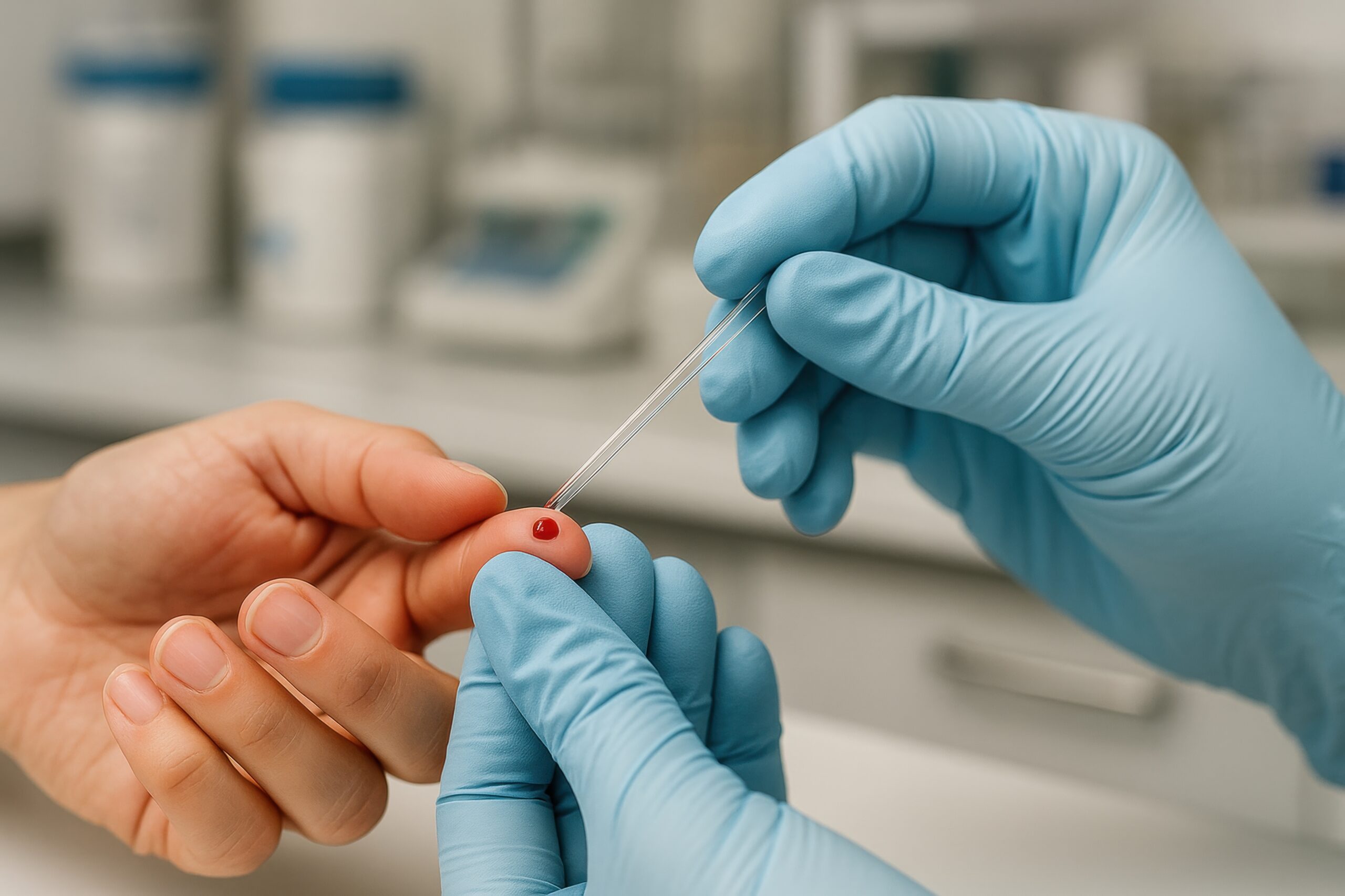 paciente realizando exame de colesterol com amostra de sangue capilar