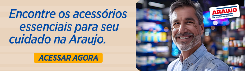 banner acessórios para diabetes araujo com um homem sorrindo e uma farmácia ao fundo