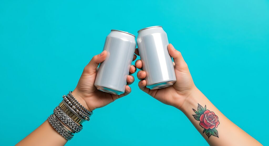 duas mãos brindando latas sobre um fundo azul claro