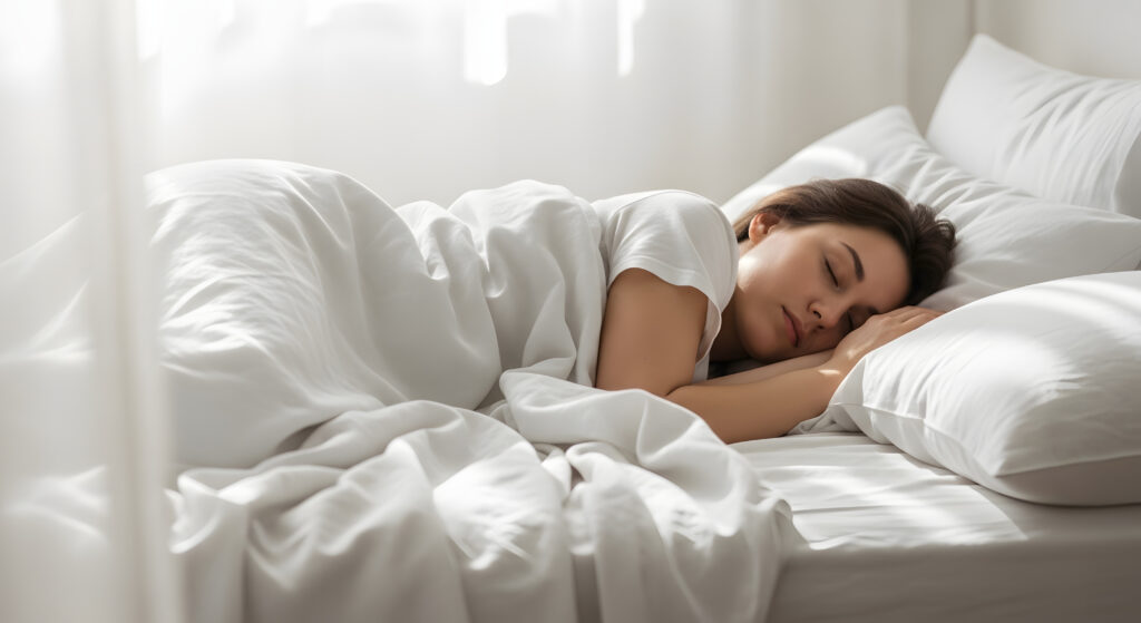 mulher dormindo em cama ambiente todo branco