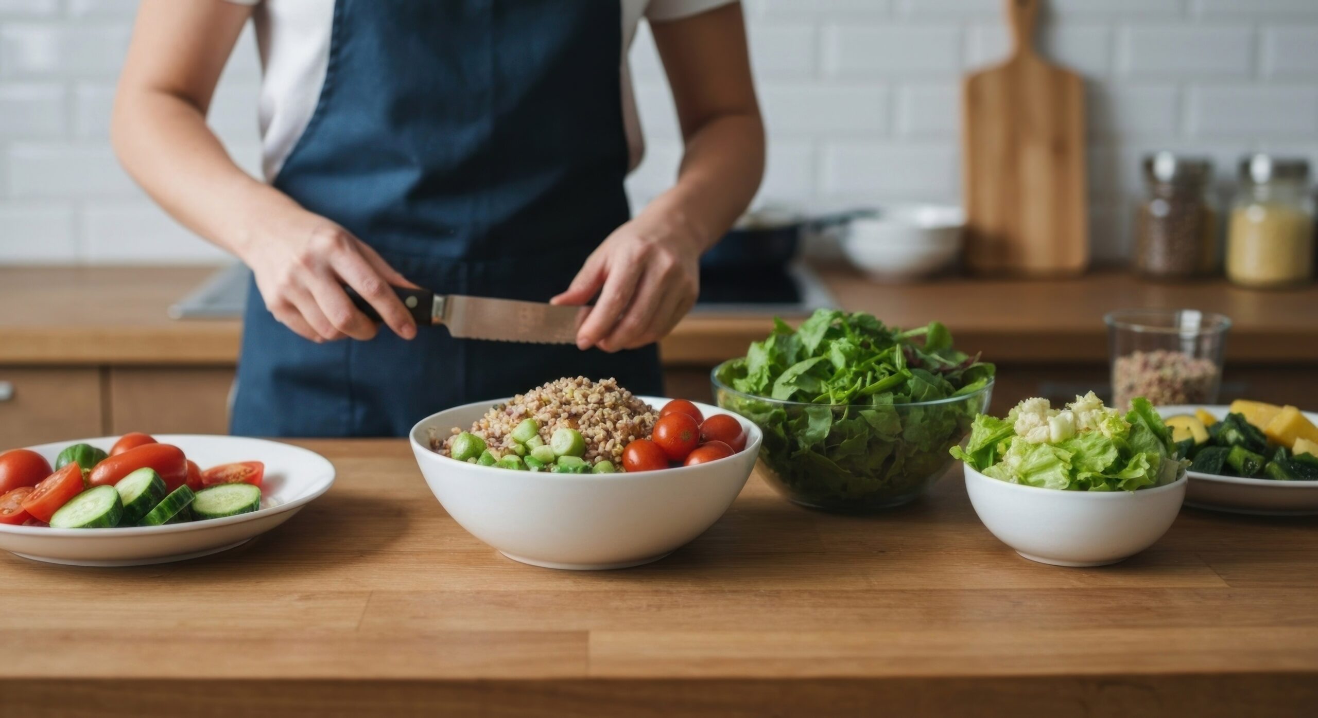 homem em bancda de cozinha cheia de legumes e vegetais