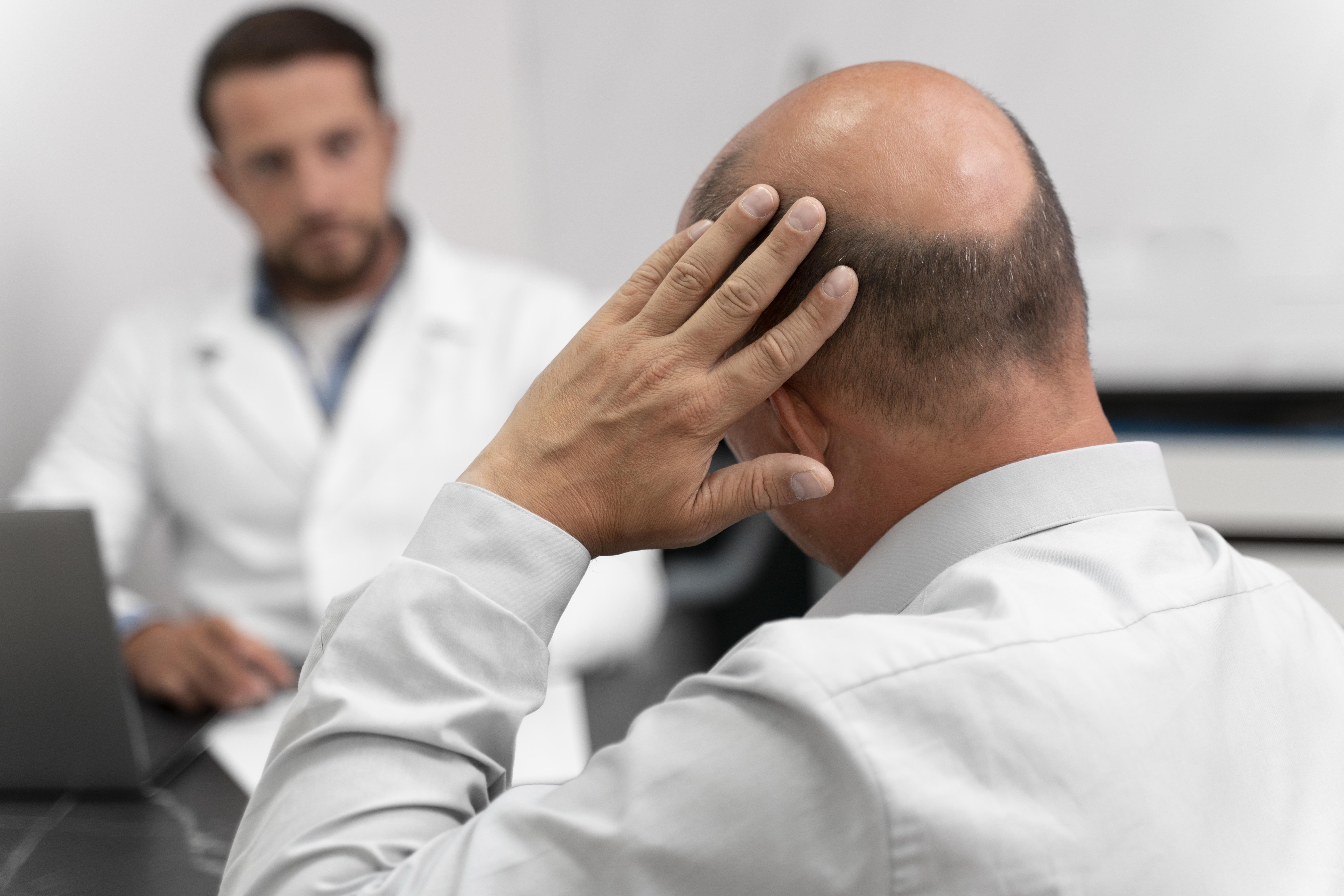 homem calvo em consulta médica