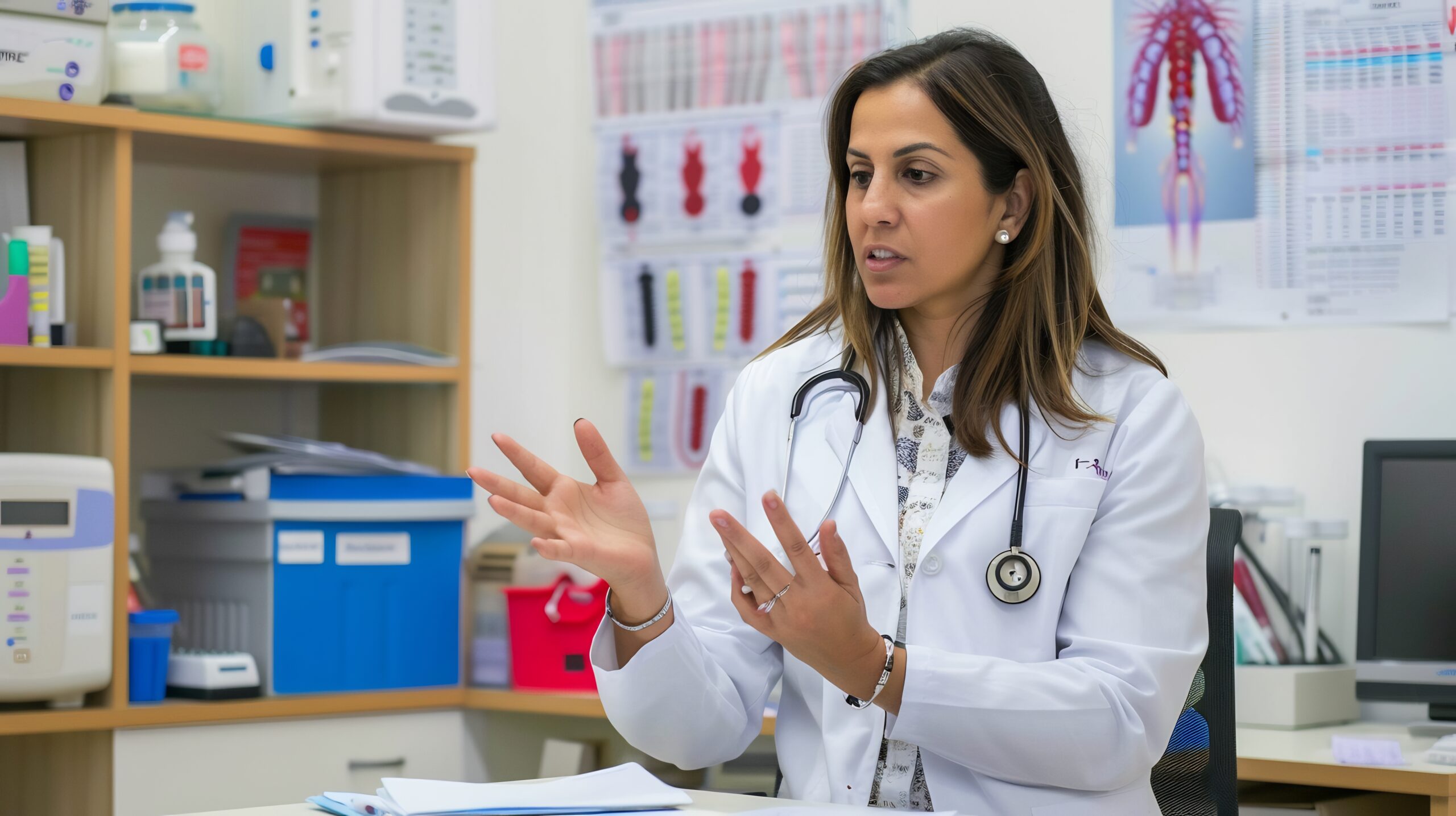 médica em consultório explicando sobre a imunodeficiência