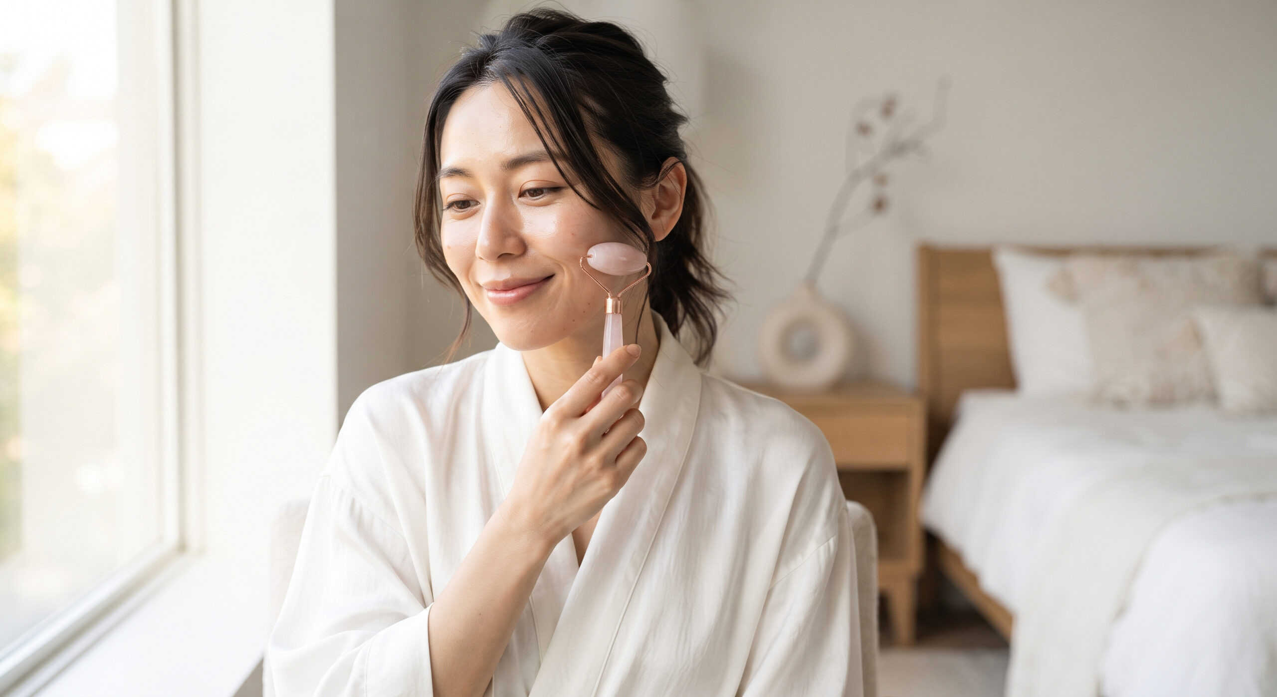 Mulher asiática cuidando da pele com o skincare coreano