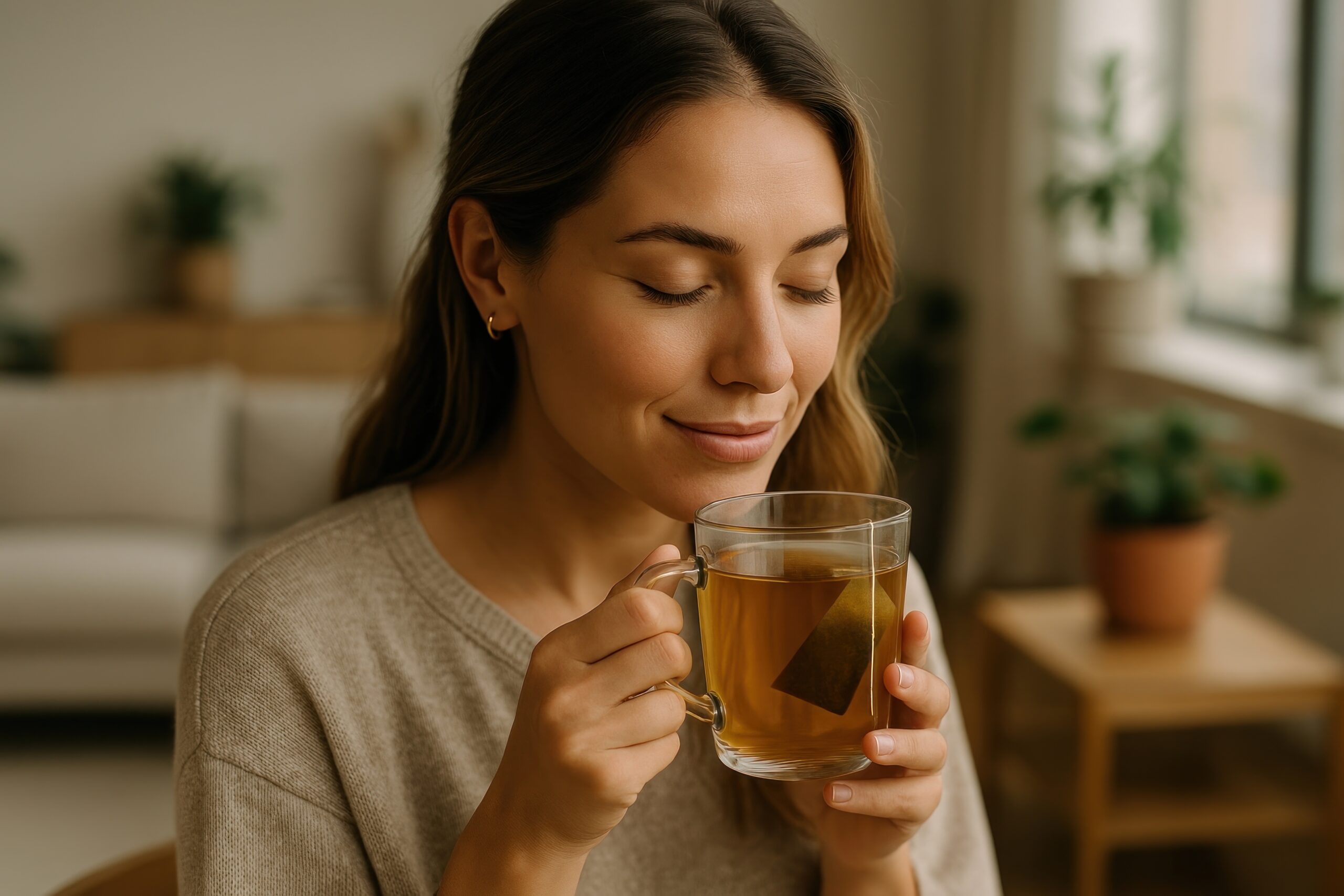 mulher relaxando tomando um chá de ingredientes naturais da Weleda