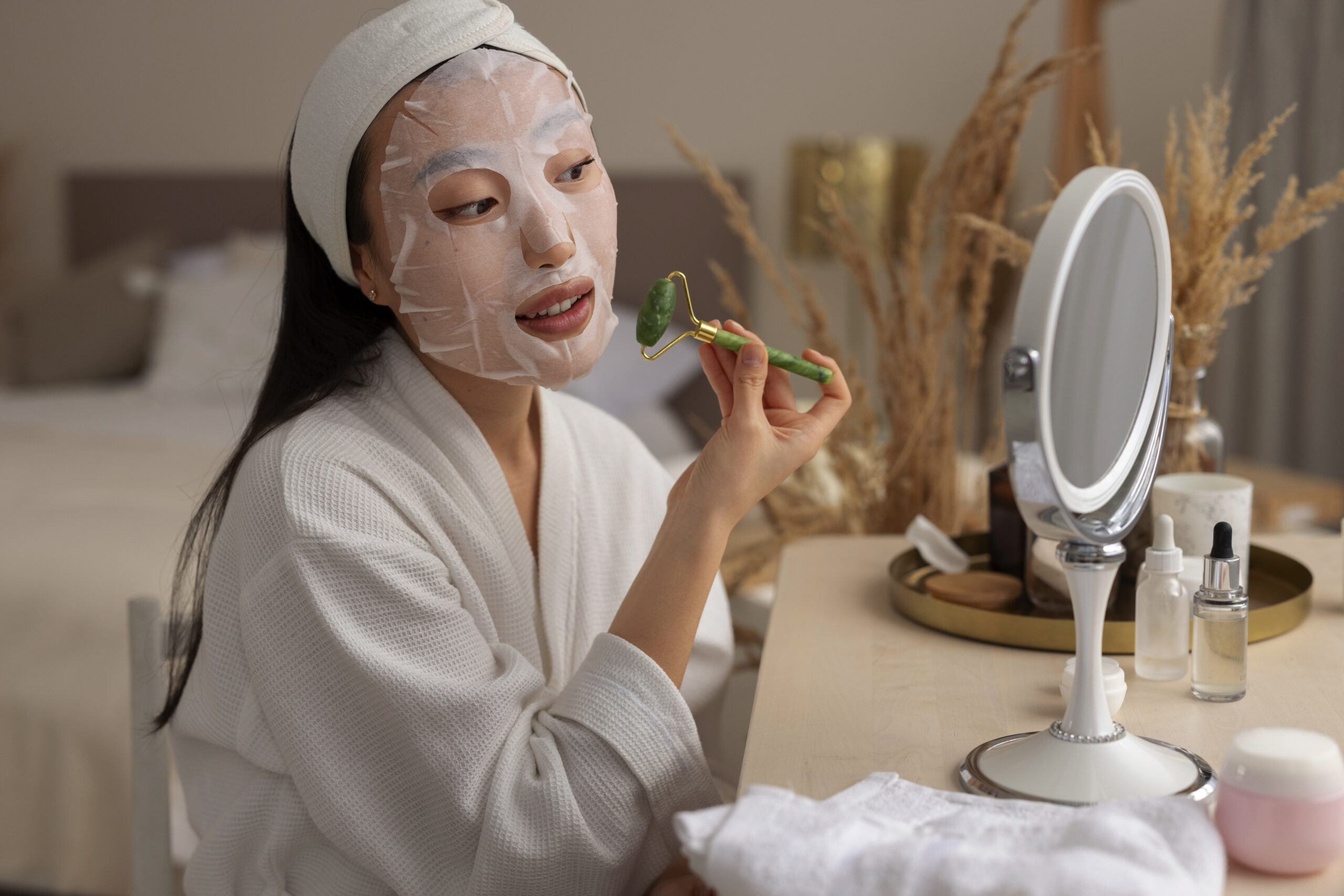mulher coreana cuidando da pele, demonstrando cuidados de skincare para pele oleosa e acneica